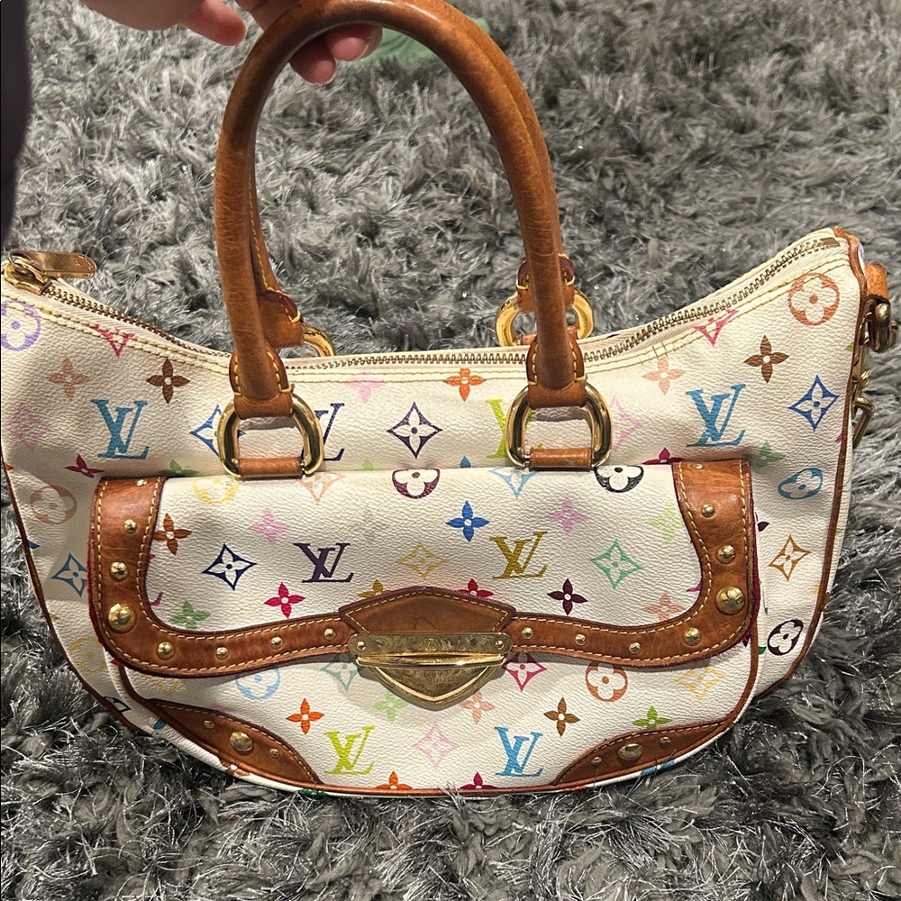 Louis Vuitton White Multicolor Monogram Satchel with Brown Leather Trim
